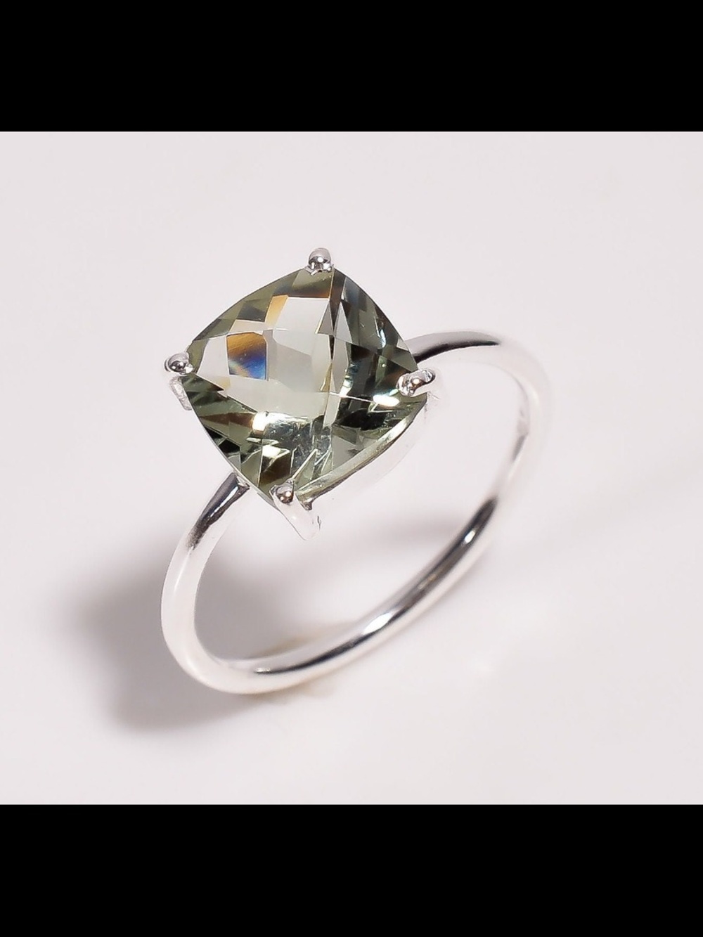 Natural Green Amethyst Cushion Ring, 925 Sterling Silver Minimalist Jewelry 8.5